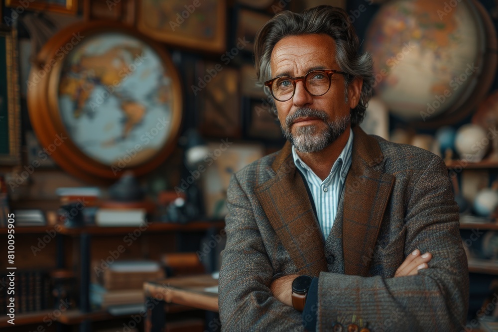 The wise look of an erudite individual surrounded by a collection of antique globes, evoking a sense of history and exploration