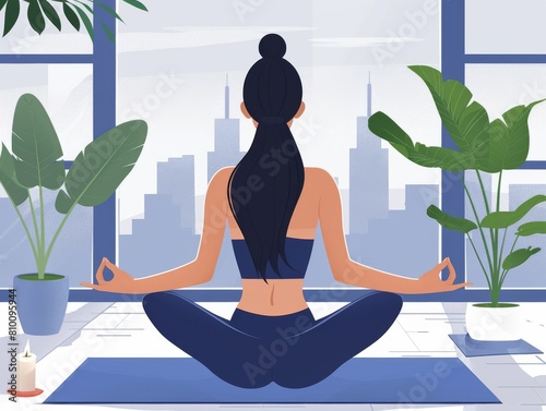 Illustration of a woman in lotus pose practicing yoga with cityscape and plants in the background.