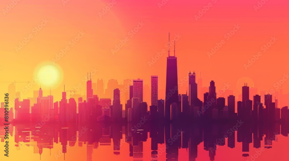 A city skyline is reflected in the water, with the sun setting in the background. The colors of the sky and the buildings create a warm and peaceful mood