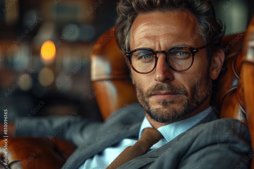 A confident and stylish individual with a contemplative gaze relaxes in a luxurious leather executive chair in an upscale environment A confident and stylish individual with a contemplative gaze relaxes in a luxurious leather executive chair in an upscale environment