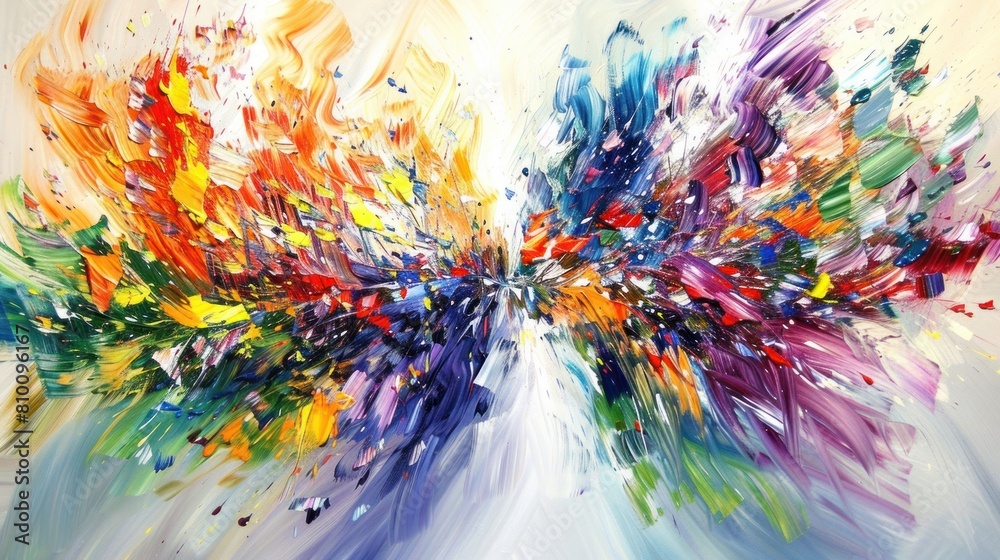 An abstract painting of vibrant colors on a large white canvas with colorful brushstrokes creating a sense of movement and energy.