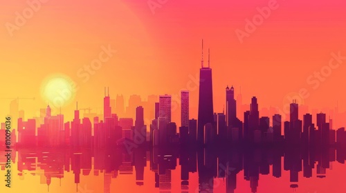 A city skyline is reflected in the water  with the sun setting in the background. The colors of the sky and the buildings create a warm and peaceful mood