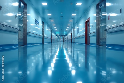 This image displays an elongated hospital corridor with a cool blue color scheme, symbolizing tranquility and sterility photo