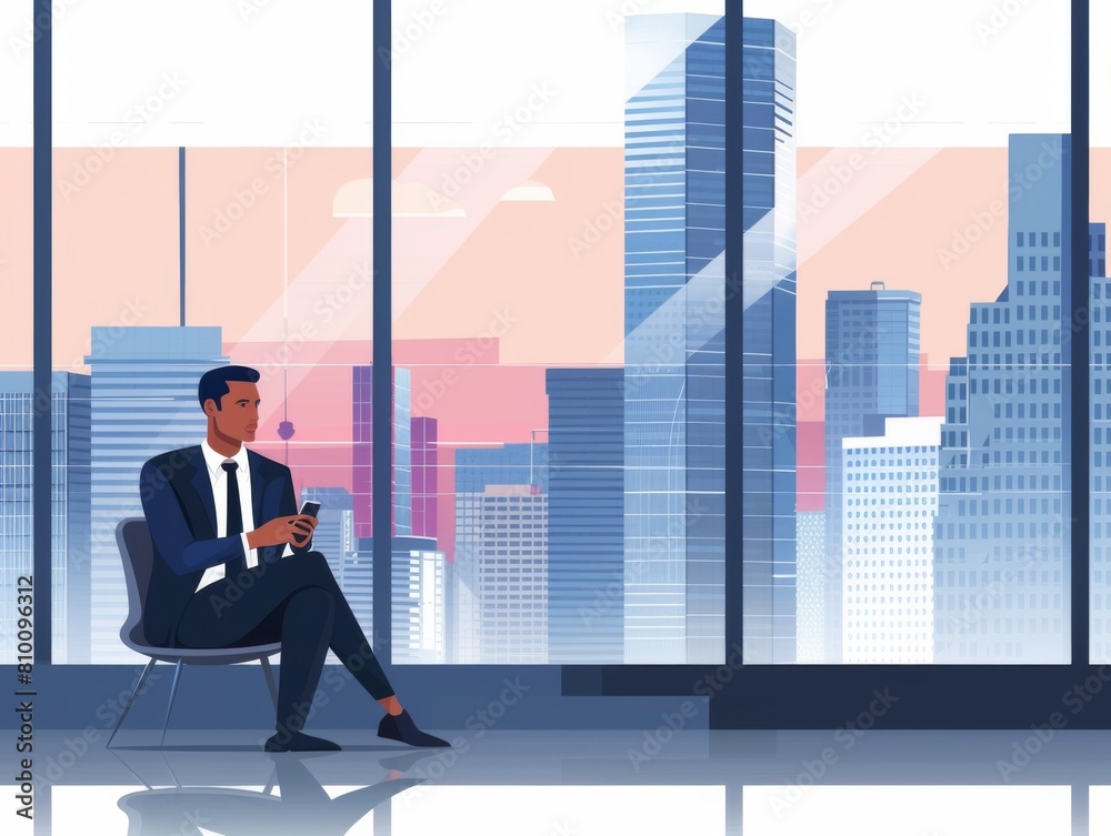Illustration of an entrepreneur sitting on a chair by a large window, gazing at a cityscape during sunset. Illustration of an entrepreneur sitting on a chair by a large window, gazing at a cityscape during sunset.