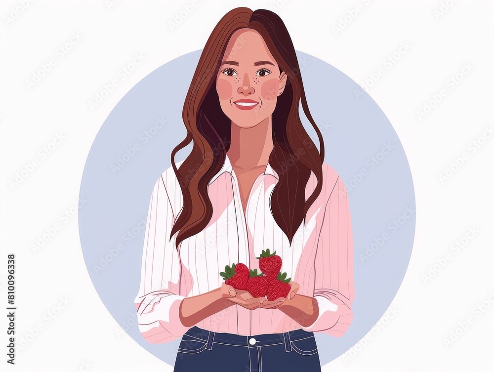 Illustration of a smiling woman holding fresh strawberries in her palms against a light backdrop. Illustration of a smiling woman holding fresh strawberries in her palms against a light backdrop.