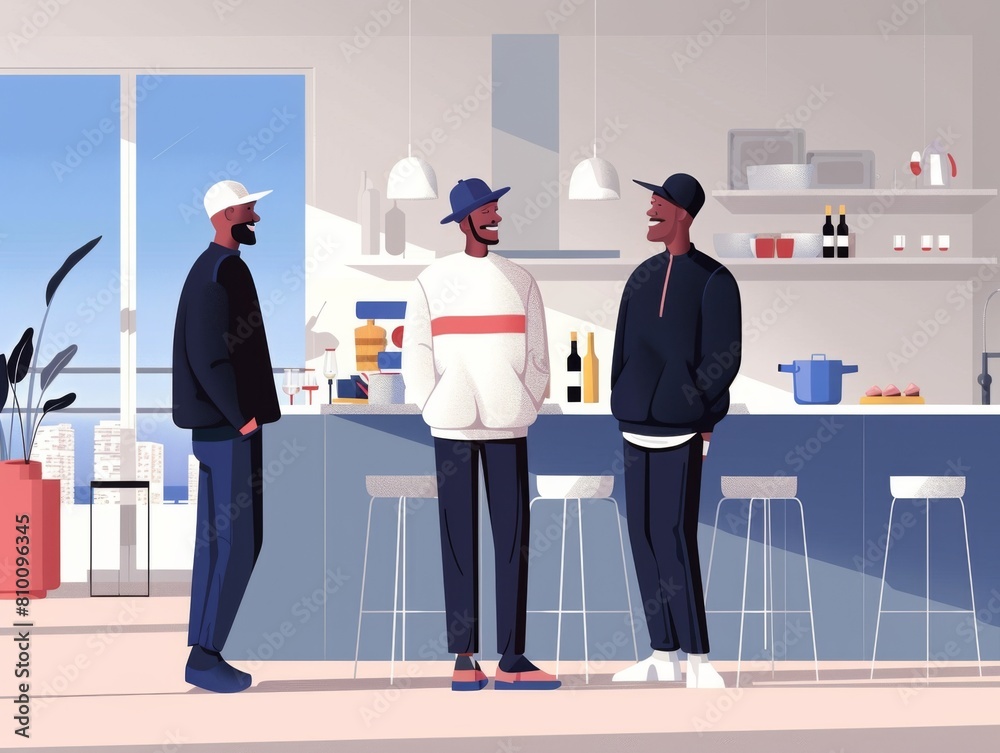 Illustration of a cheerful contractor chatting with a homeowner in a modern kitchen setting, with a contemporary design style. Illustration of a cheerful contractor chatting with a homeowner in a modern kitchen setting, with a contemporary design style.