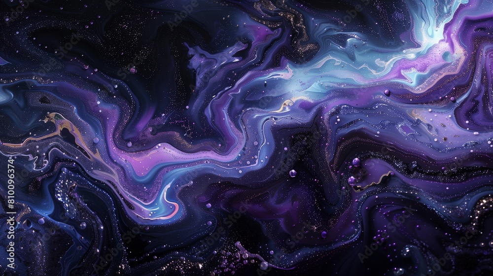 Obraz premium Liquid opal shimmering amidst a canvas of midnight blacks and royal purples.