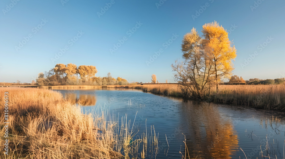 Mid-autumn in a fenland, featuring rich golden and amber vegetation, with a clear blue sky and a gentle breeze creating ripples on the water surface Mid-autumn in a fenland, featuring rich golden and amber vegetation, with a clear blue sky and a gentle breeze creating ripples on the water surface