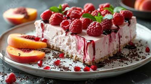   A white plate with cheesecake topped with raspberries and sliced peaches