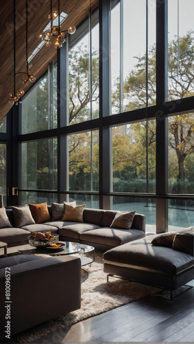 Sleek Interior Design, Modern Living Room Adorned with Expansive Window © xKas