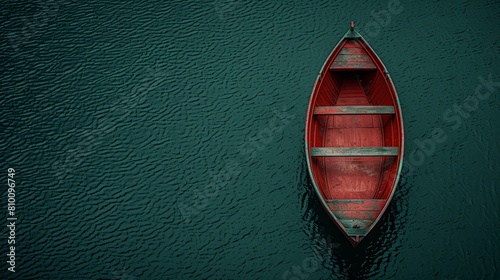   A red boat floats above a body of water, beside a wooden one also afloat photo
