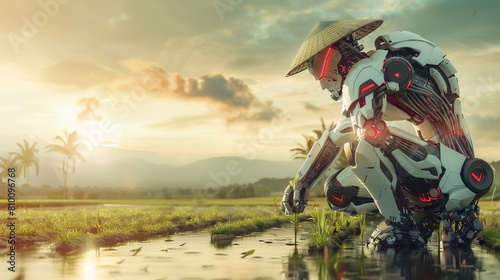 A cybernetic robot in a traditional farmer hat planting rice seedlings in a picturesque paddy field