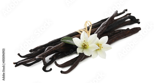 Vanilla pods, green leaf and flowers isolated on white