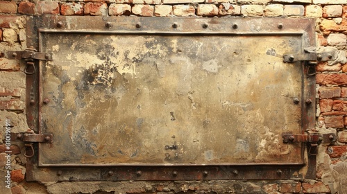   A rusted metal frame, affixed to a brick wall, features visible rivets and their corresponding holes at its base photo