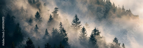 Mist rising in a forested upland area, with tall pines partially obscured by the early morning fog photo
