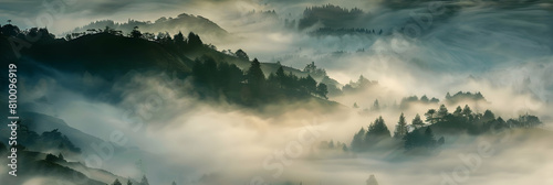 Misty hillocks at dawn, the soft mist enveloping the landscape and creating a mystical atmosphere, captured with a high clarity camera using a telephoto lens photo
