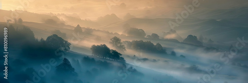 Misty hillocks at dawn, the soft mist enveloping the landscape and creating a mystical atmosphere, captured with a high clarity camera using a telephoto lens
