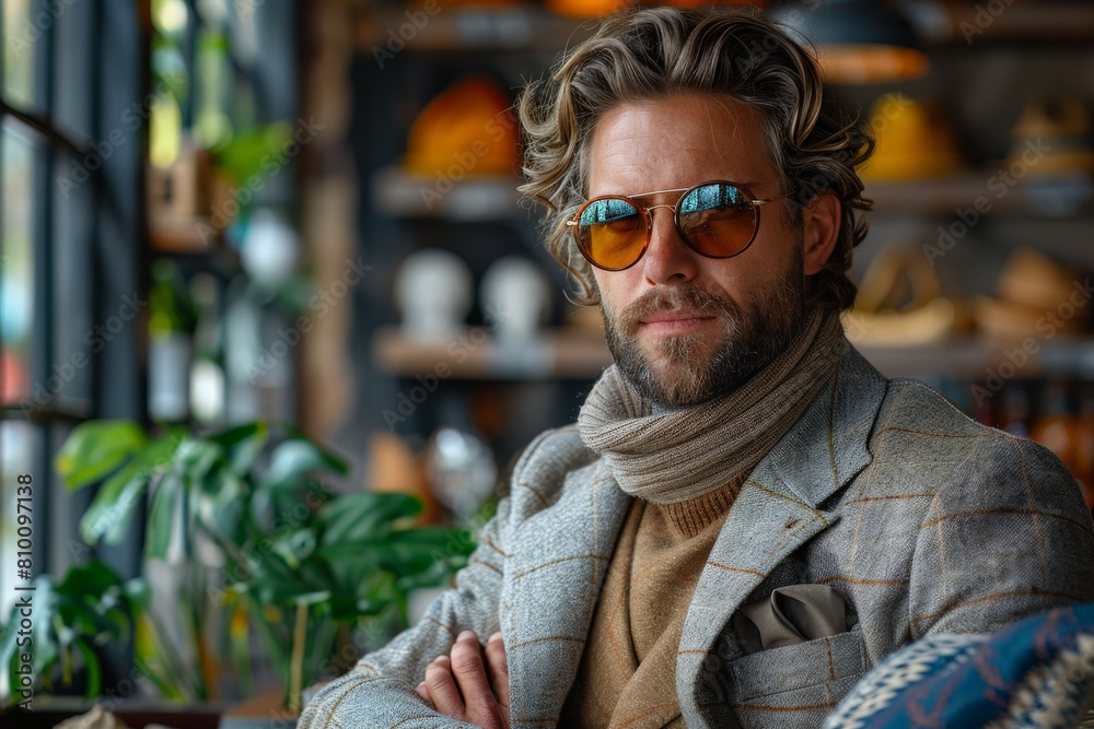 Stylish man in sunglasses sits in a contemporary café, presenting a fusion of fashion and urban lifestyle Stylish man in sunglasses sits in a contemporary café, presenting a fusion of fashion and urban lifestyle