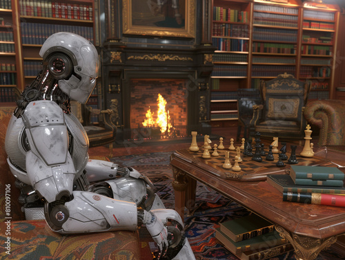 A cybernetic robot robot in a vintage study, contemplating a chess move, surrounded by classic books and a flickering fireplace , hyper realistic, low texture, low noise