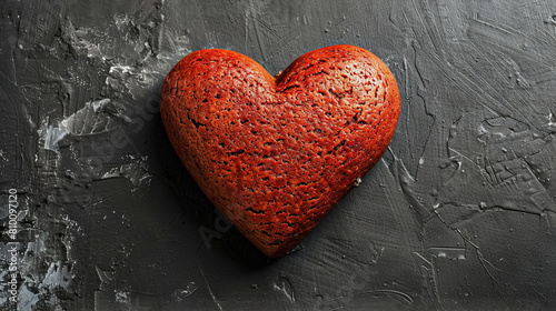   A red heart-shaped cake sits atop a black counter  accompanied by another cake shaped like a heart