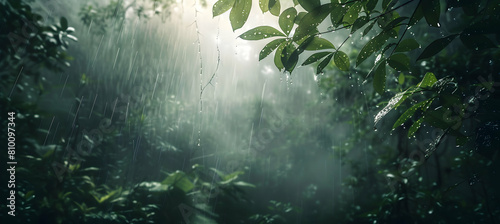 Moody and atmospheric shot of a cloud forest after rain, with water droplets hanging from leaf tips and the earthy smell of wet soil