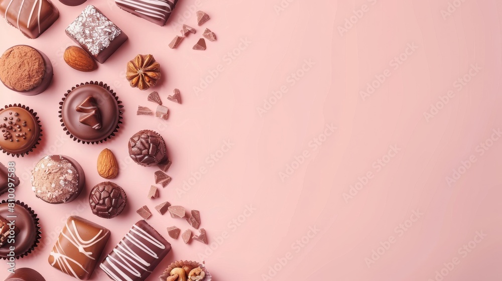 Chocolate truffles and pralines, lots of text space, food photography, copy and text space, 16:9 Chocolate truffles and pralines, lots of text space, food photography, copy and text space, 16:9