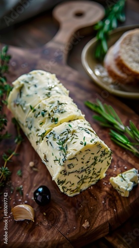 Gourmet compound butter with herbs on a wooden board under soft lighting. Luxurious, mouth-watering herbed butter.