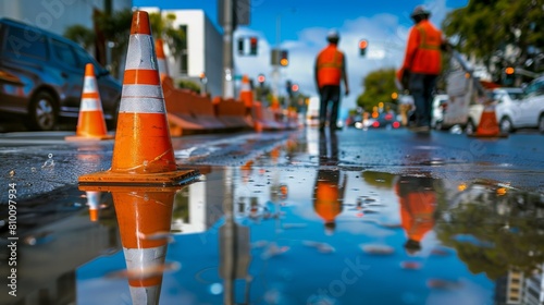 Numerous Orange Cones with Construction Truck Nearby