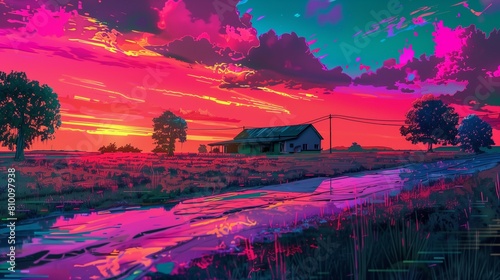 Neon glitch art painting the sky over rural farm.