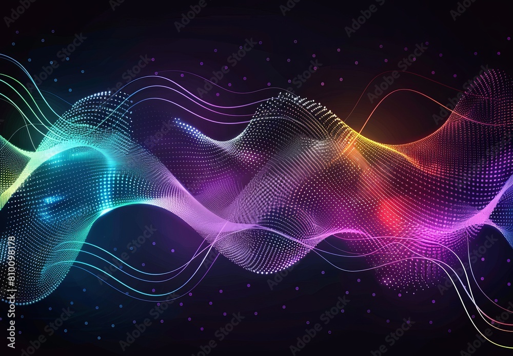 The graphic portrays a dynamic wave pattern formed by multicolored dotted lights on a dark background, symbolizing digital motion