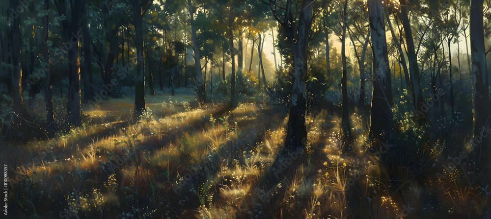 Panoramic view of a scrub forest at sunset, with the setting sun casting long shadows and illuminating the undergrowth