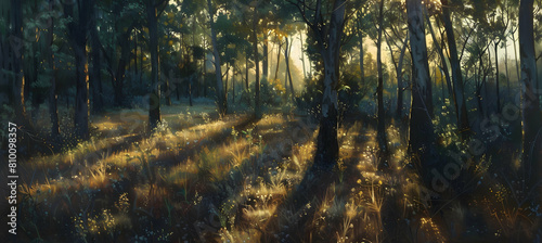 Panoramic view of a scrub forest at sunset, with the setting sun casting long shadows and illuminating the undergrowth