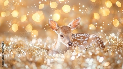   A baby deer reclines in a lush grass field with a softly blurred backdrop of twinkling lights photo