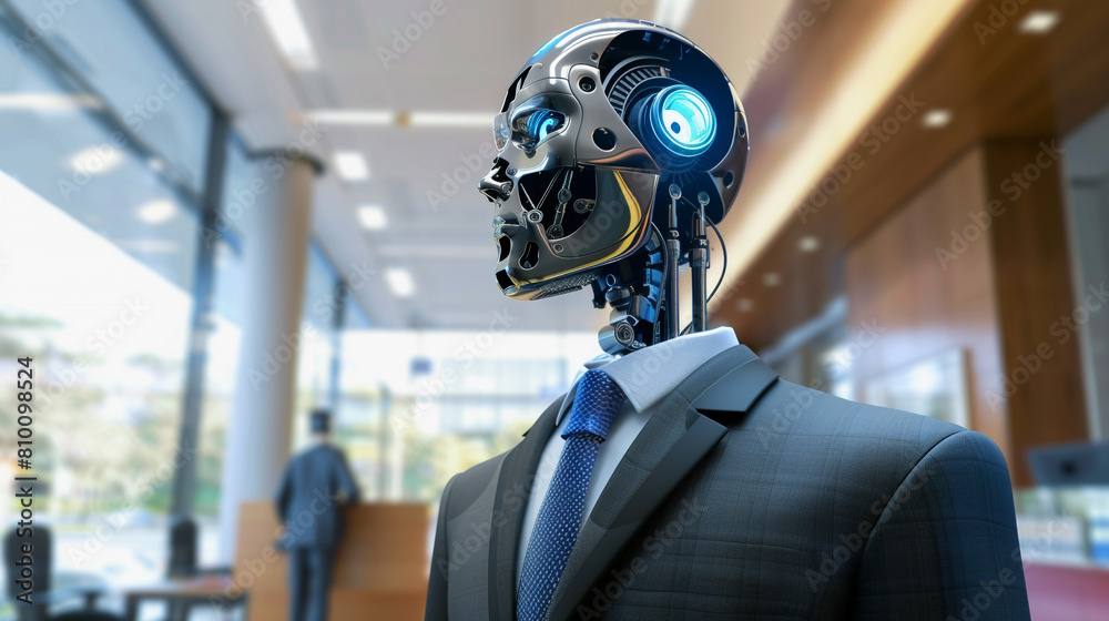 cybernetic robot figure wearing a suit and tie, standing in an office space , hyper realistic, low texture, low noise cybernetic robot figure wearing a suit and tie, standing in an office space , hyper realistic, low texture, low noise