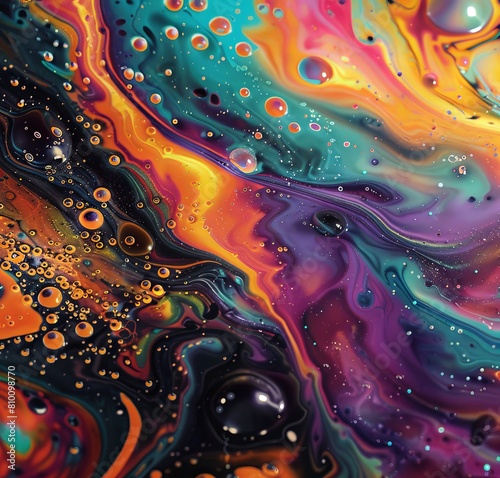 A captivating image presenting a psychedelic swirl of vibrant liquid colors with bubbles and fluid patterns