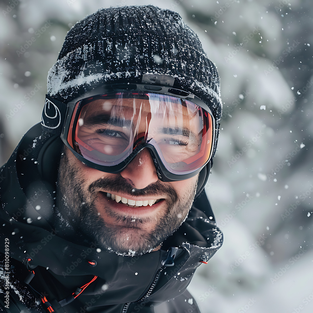 a man in a ski suit and glasses on a background of a snowy forest. a man in a ski suit and glasses on a background of a snowy forest.