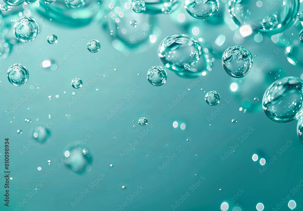 Crystal clear and effervescent water bubbles floating gently in a serene turquoise aquatic environment