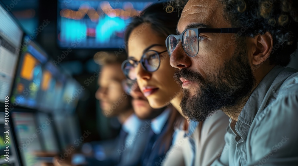 Group of diverse investors and market analysts gathered around a computer screen, eagerly watching the earnings reports of the mentioned companies. They should be engaged and focused. Generative AI.