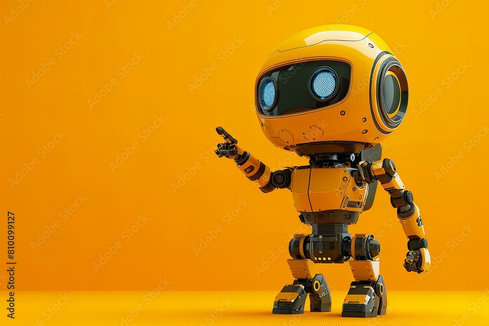 Cute digital robot pointing at copyspace background