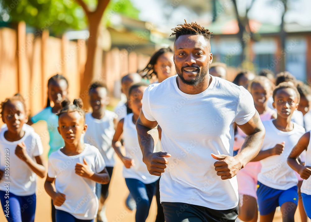 A smiling adult leading a group of enthusiastic children in a fun running exercise outdoors on a sunny day. A smiling adult leading a group of enthusiastic children in a fun running exercise outdoors on a sunny day.