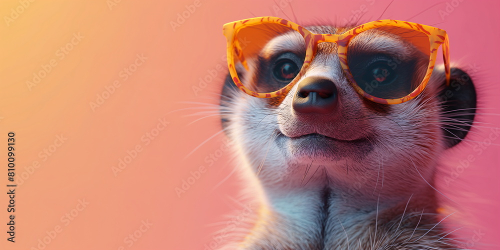 A meerkat with glasses. Funny meerkat on peach color gradient background. Fashion style. Funny animal for banner, flyer, poster, card with copy space