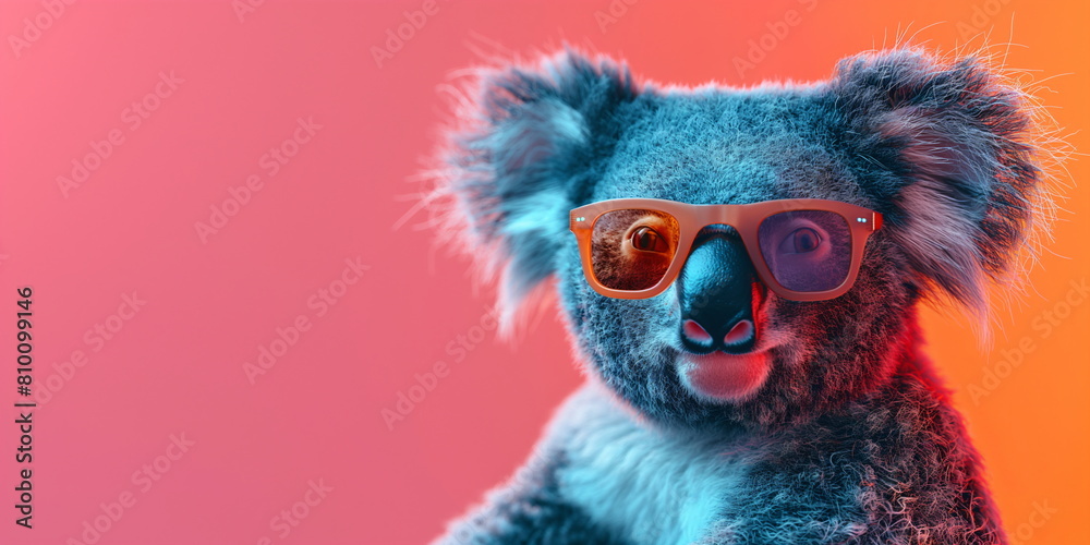 Koala with glasses. Funny koala on peach color gradient background. Fashion style. Funny animal for banner, flyer, poster, card with copy space