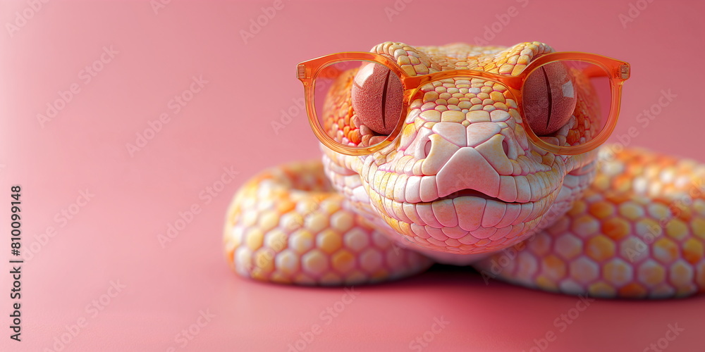 Fototapeta premium A yellow and white snake with glasses. Funny python on pink gradient background. Fashion style. Funny animal for banner, flyer, poster, card with copy space