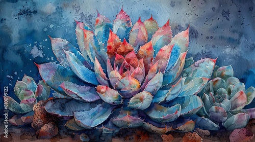 Vibrant watercolor painting of an agave plant with rich blue and red tones on a dramatic dark background. photo
