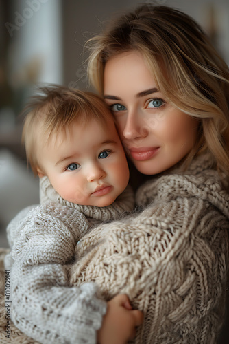  a mother and her baby in a warm knitted sweater