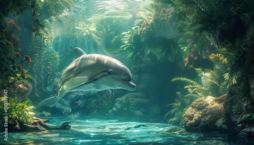 An underwater scene capturing a dolphin elegantly swimming through crystal-clear waters illuminated by sunbeams.