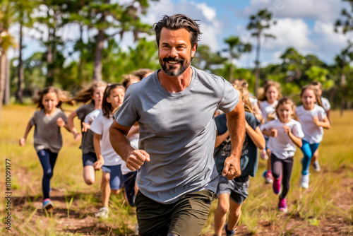 Man leading a group of children on a fun run in a sunny park, all smiling and full of energy.