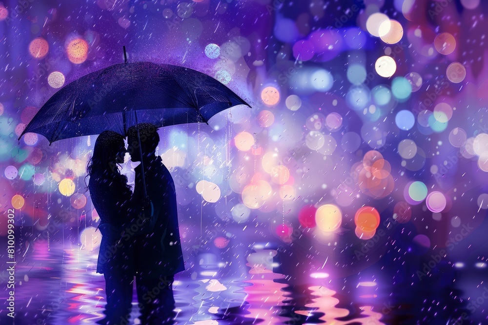 A couple embracing under an umbrella in the rain with purple blurred bokeh light background