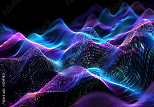 A stunning digital wave oscillates with vibrant blue and purple hues across a black background, symbolizing connectivity and data flow
