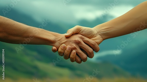   A tight shot of two hands clasped against a blue skybackdrop Behind them, a solitary mountain stands tall